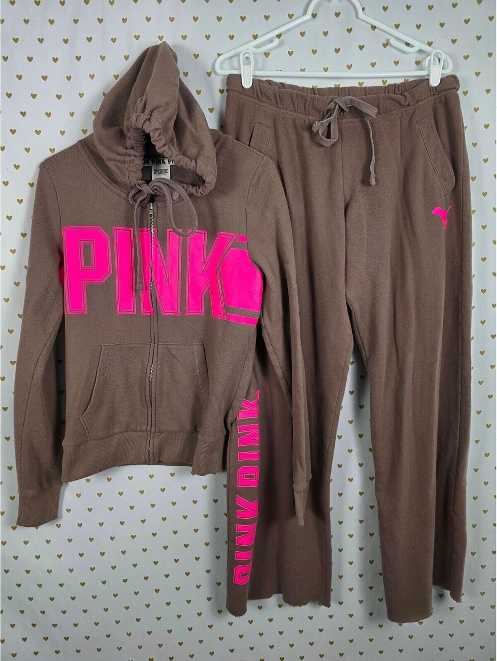Victorias Secret Pink Brown Logo Boyfriend Diaper Butt Sweats Hoodie SET medium